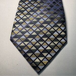 Geoffrey Beene Silk Tie Geometric Pattern Green/Gold/Blue formal, preppy, office